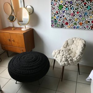Karl Pouffeke pouffe and Wolk chair — steel/wood and Chanel vintage fabric